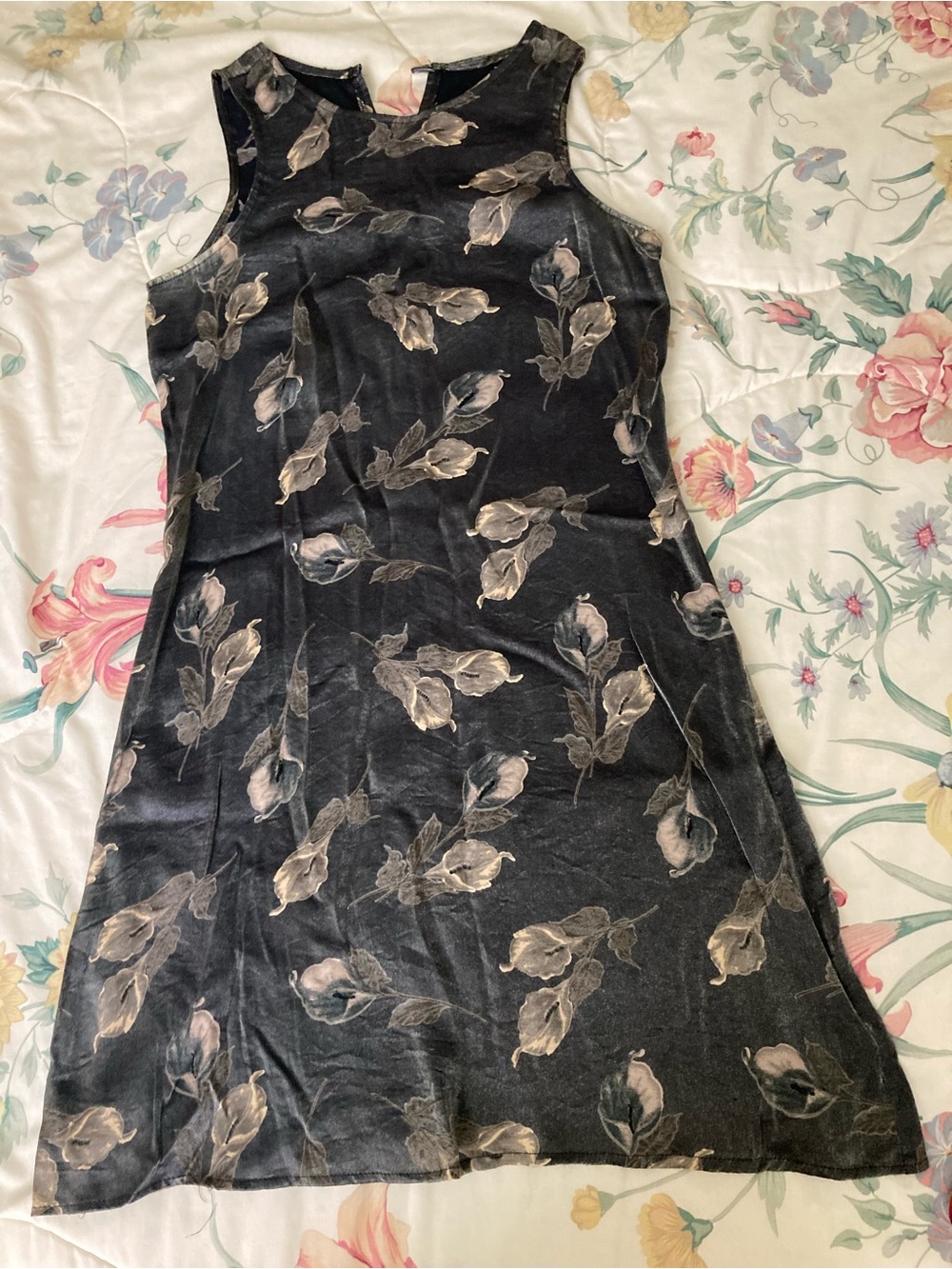 Black Velvet Midi Dress with Neutral Floral Print